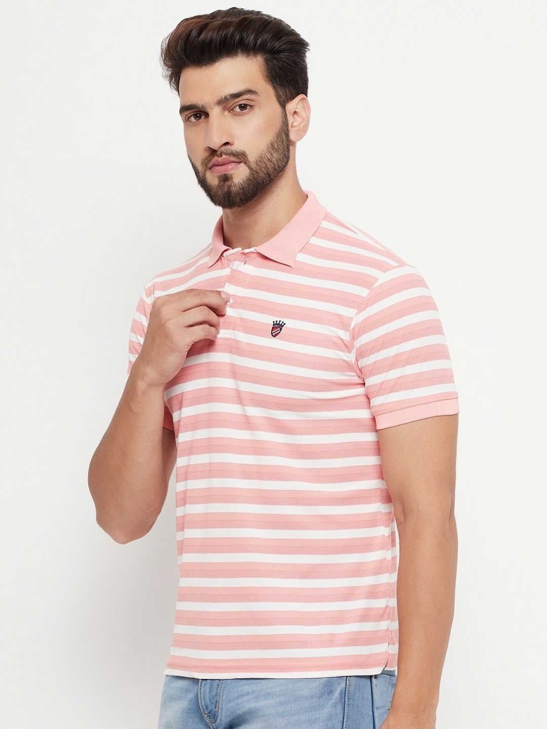 

RELANE Men Striped Polo Collar Cotton T-shirt, Pink