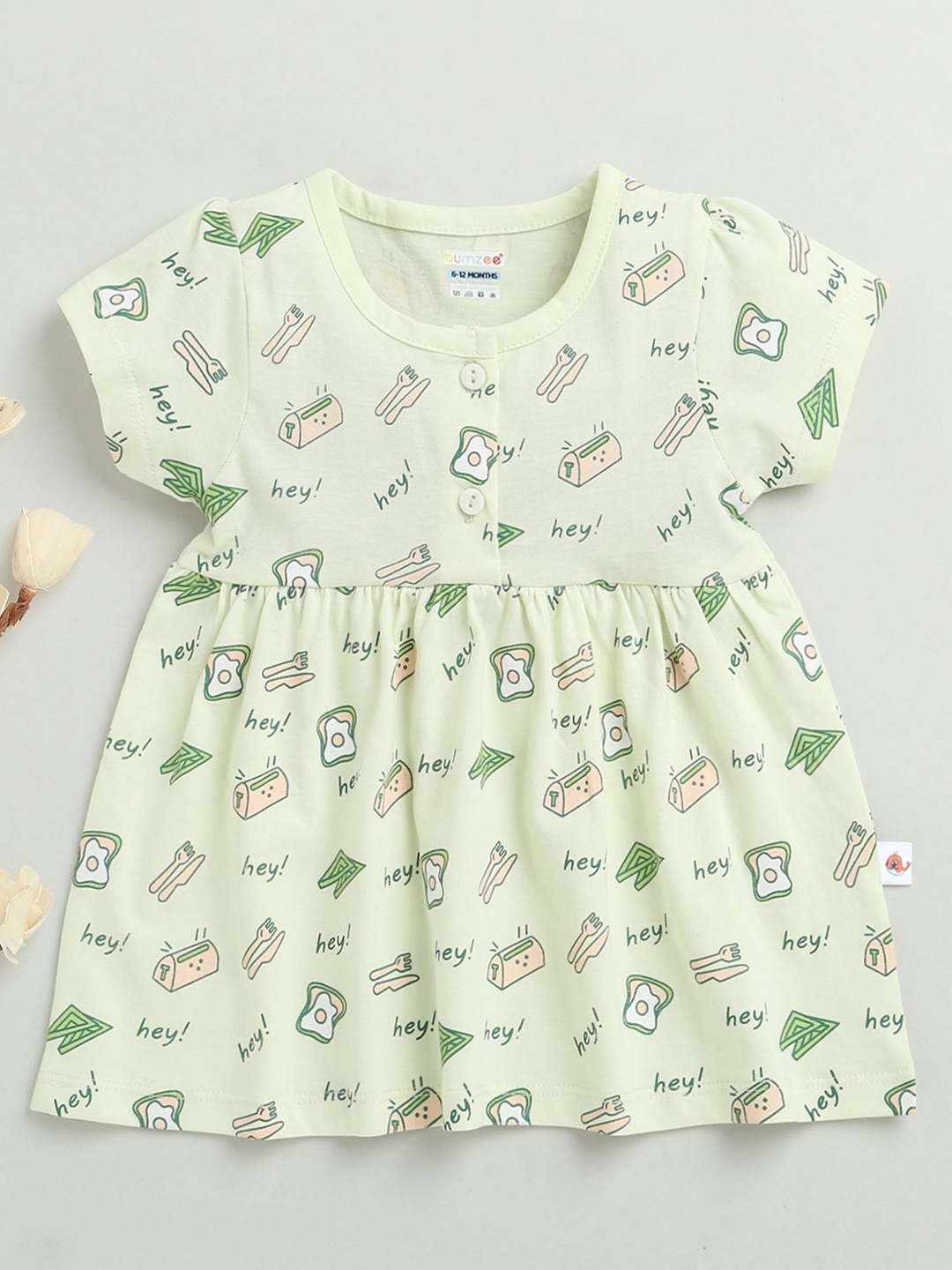 

BUMZEE Girls Printed Cotton A-Line Dress, Green
