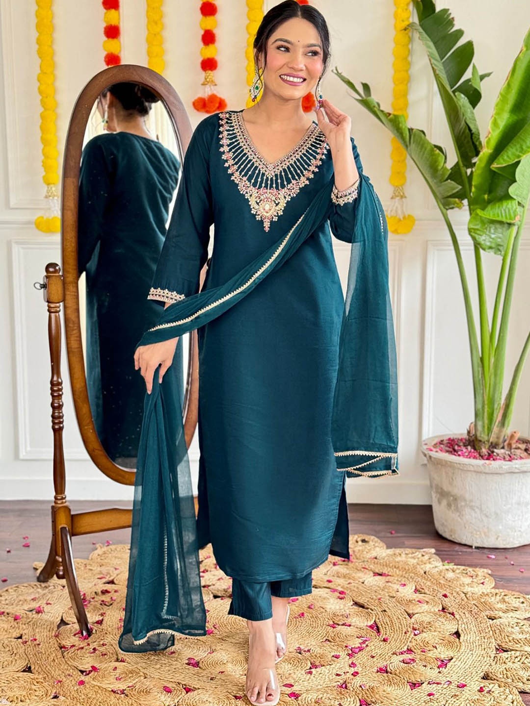 

KALINI Floral Yoke Design V-Neck Straight Kurta with Trousers And Dupatta, Teal