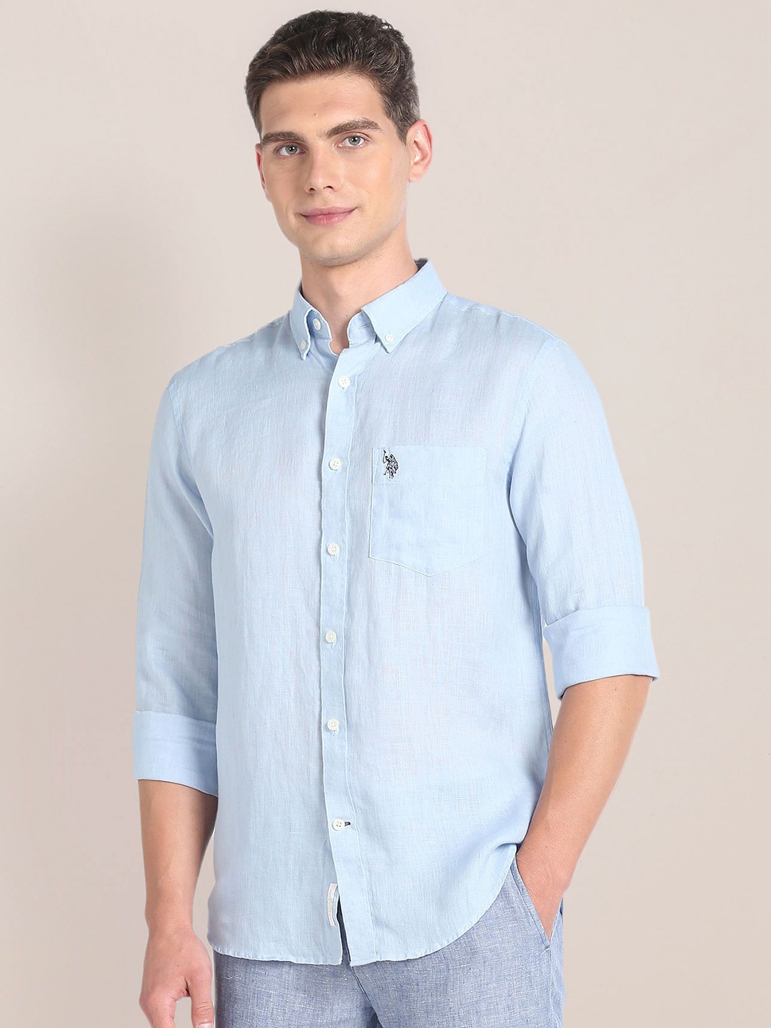 

U.S. Polo Assn. Men Classic Fit Button-Down Collar Solid Linen Casual Shirt, Blue