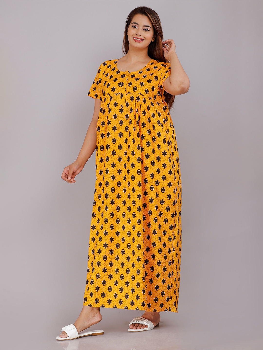

PR PINK ROYAL Women Printed Maxi Nightdress, Yellow