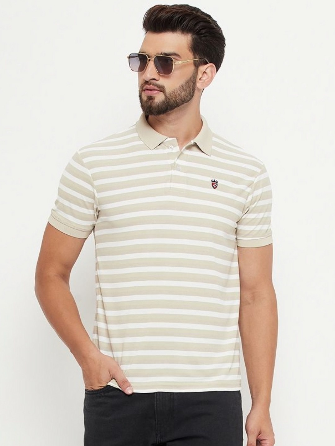 

RELANE Men Striped Polo Collar Cotton T-shirt, Beige