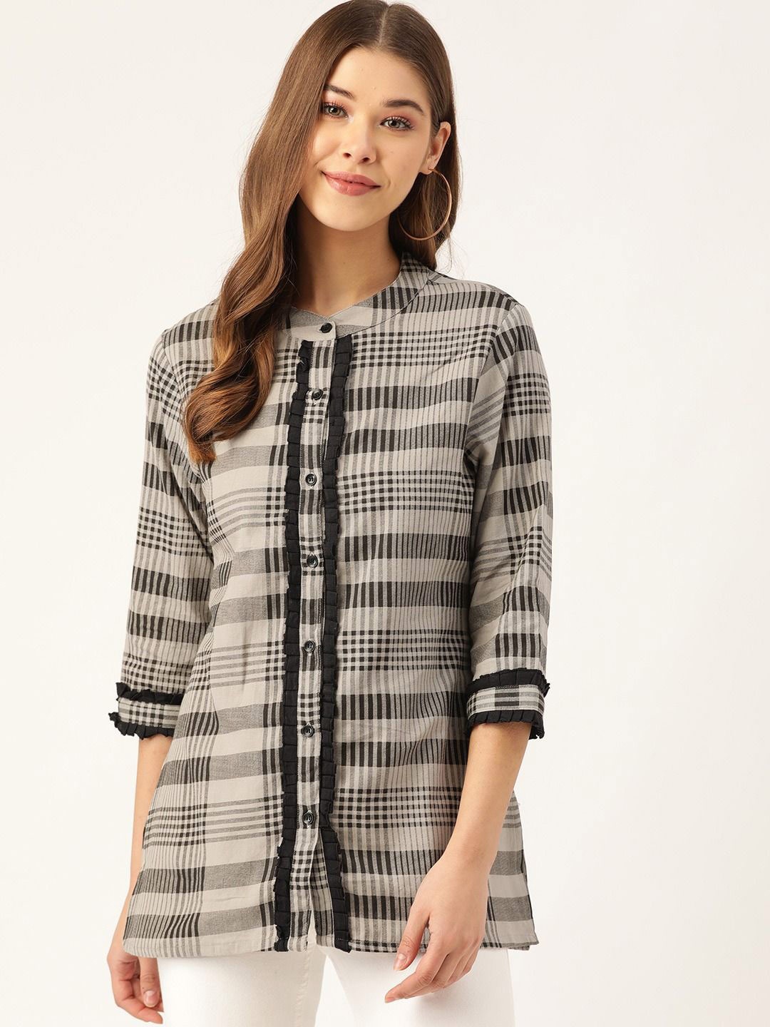 

JAPER KURTI Women Smart Fit Mandarin Collar Horizontal Striped Cotton Casual Shirt, Beige