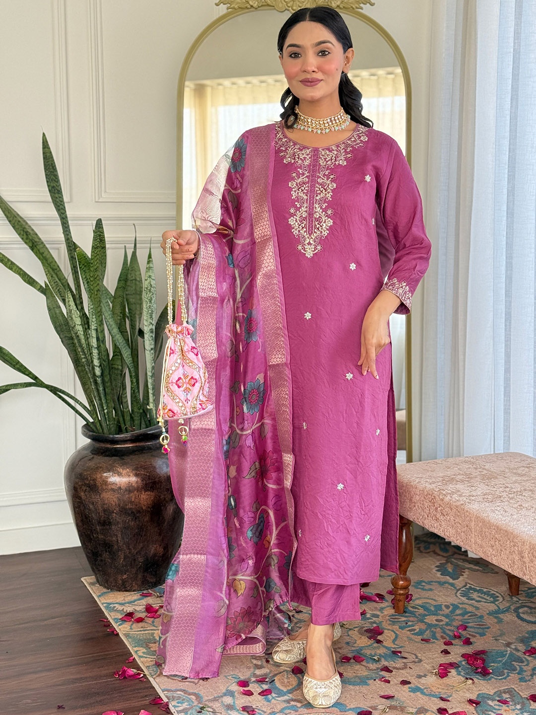 

KALINI Floral Embroidered Round Neck Straight Kurta With Trousers And Dupatta, Peach