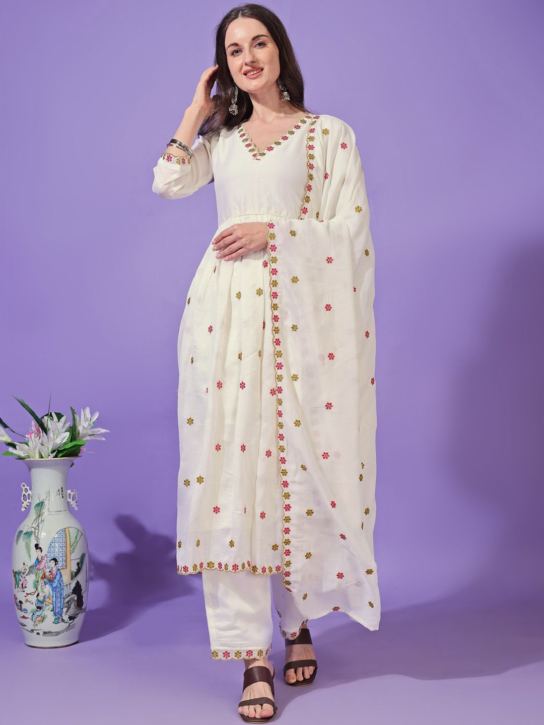 

KALINI Floral Embroidered V-Neck Anarkali Kurta With Palazzos And Dupatta, White