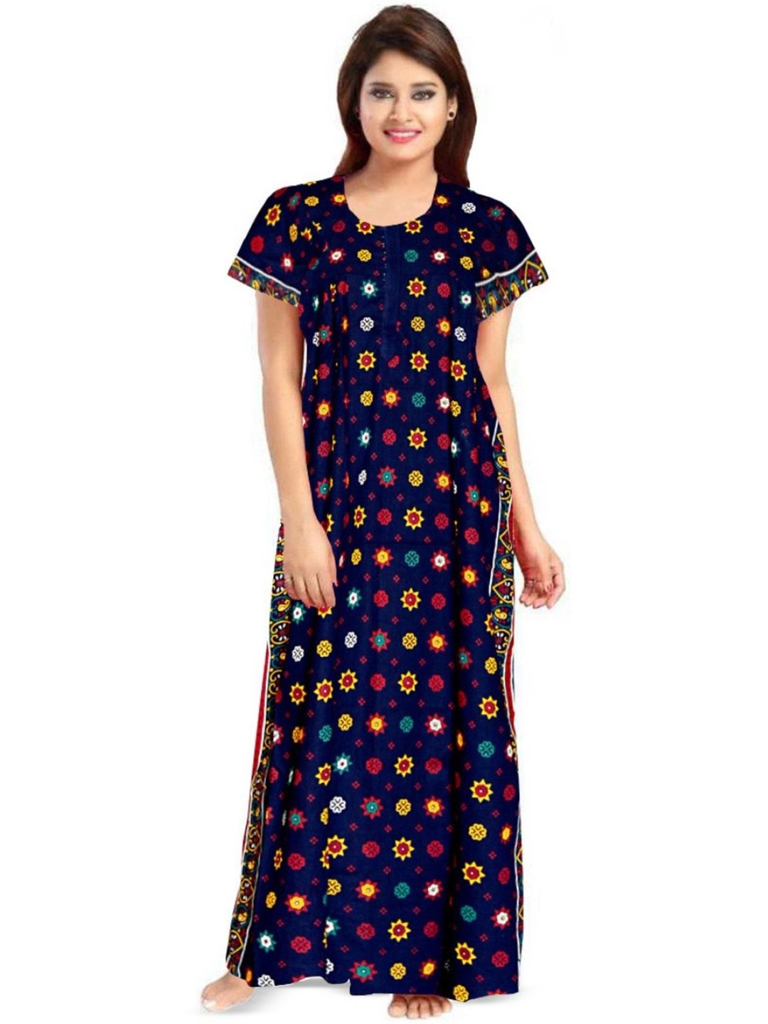 

PR PINK ROYAL Women Printed Pure Cotton Maxi Nightdress, Blue