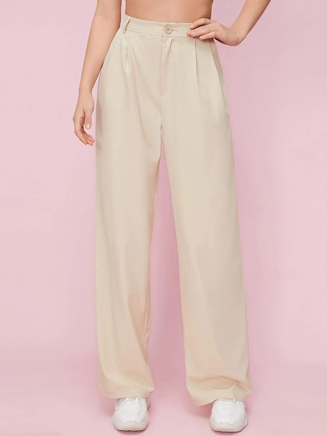 

FNOCKS Women Ultra Straight Fit High-Rise Trousers, Cream