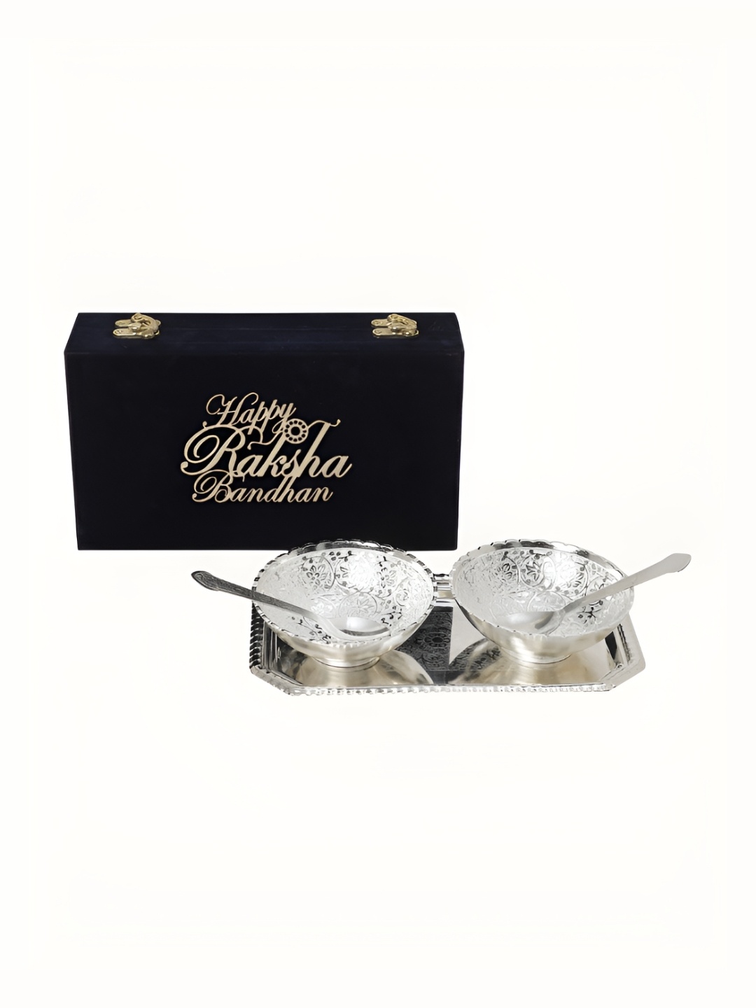 

INTERNATIONAL GIFT Silver-Toned 6 PCS Textured Bowl Set With Tray & Spoons With Velvet Box