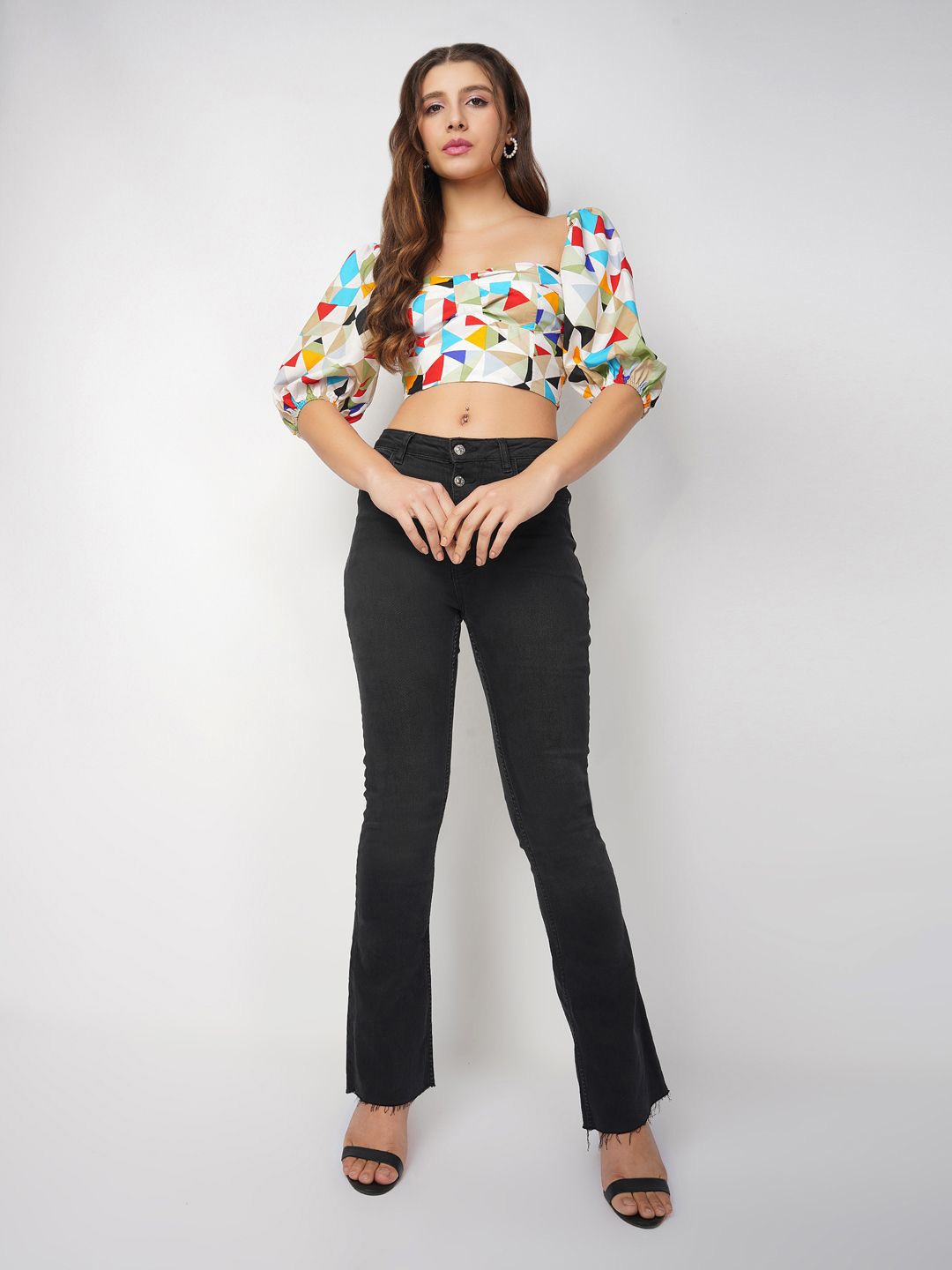 

HERE&NOW Geometric Print Off-Shoulder Cold-Shoulder Blouson Crop Top, Multi