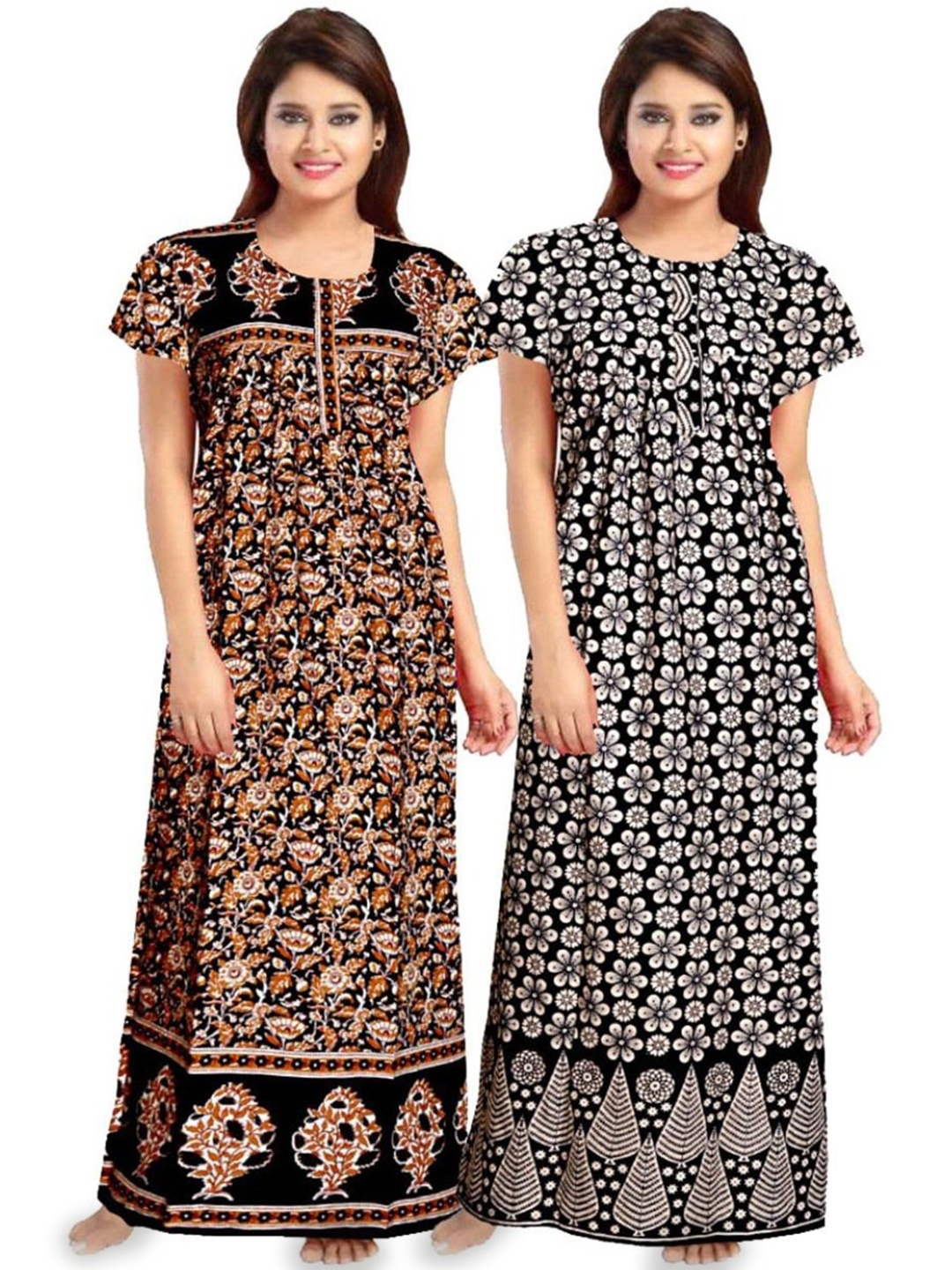 

PR PINK ROYAL Women Pack of 2 Printed Maxi Nightdress, Black