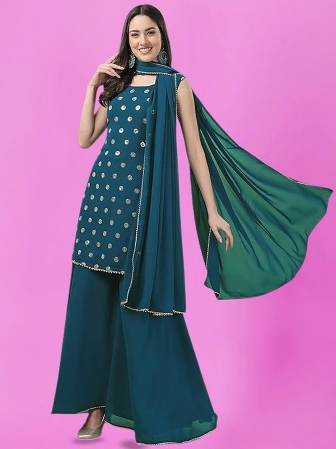 

PARROT CREATION Geometric Embroidered Georgette Straight Kurti With Sharara & Dupatta, Turquoise blue