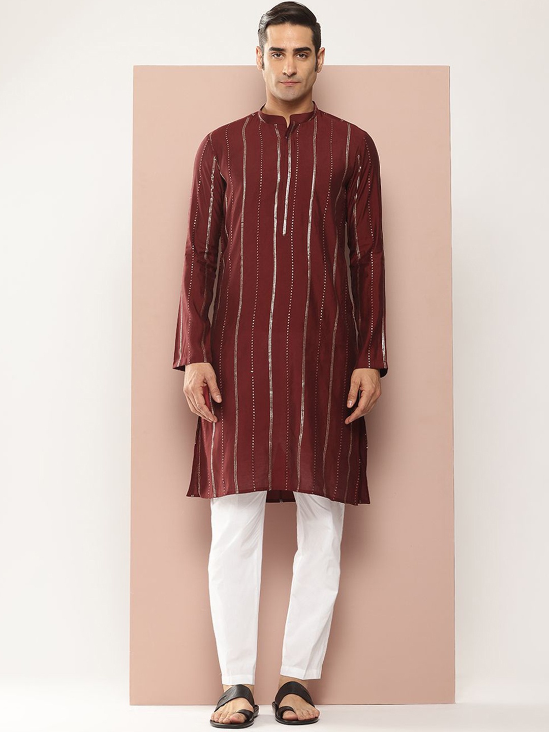 

See Designs Striped Embroidered Mandarin Collar Sequinned Pure Chanderi Silk Kurta, Maroon