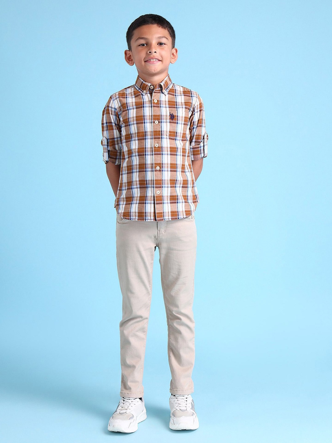 

U.S. Polo Assn. Kids Boys Classic Fit Spread Collar Tartan Checked Cotton Casual Shirt, Brown