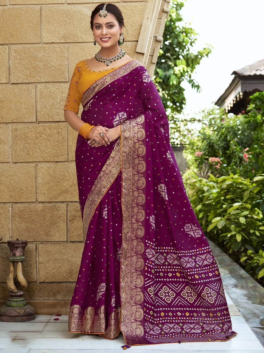 

A.V.M. SILK MILLS Zari Pure Georgette Bandhani Saree, Purple
