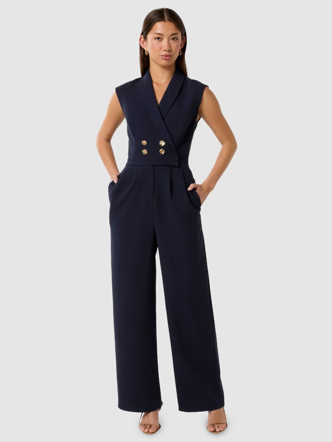 

Forever New Women Shawl Neck Basic Jumpsuit, Navy blue