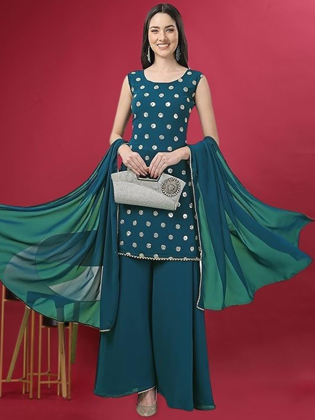 

PARROT CREATION Geometric Embroidered Georgette Straight Kurti With Sharara & Dupatta, Turquoise blue