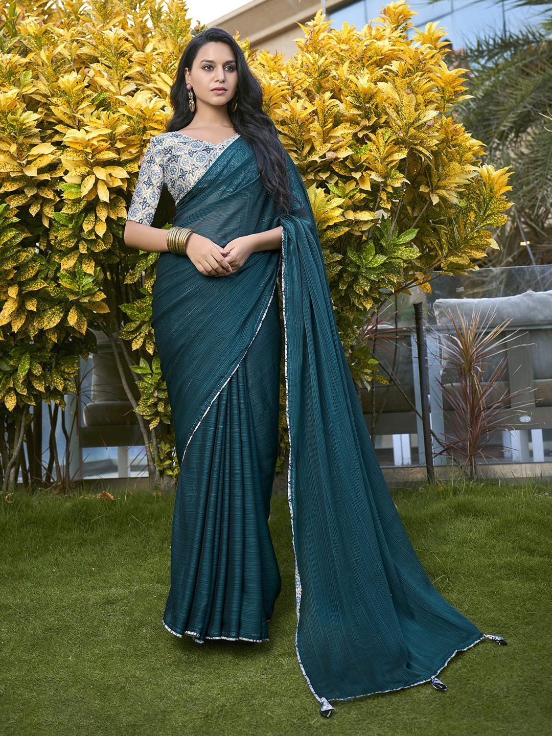 

NIRMAL CREATION Striped Pure Chiffon Saree, Teal
