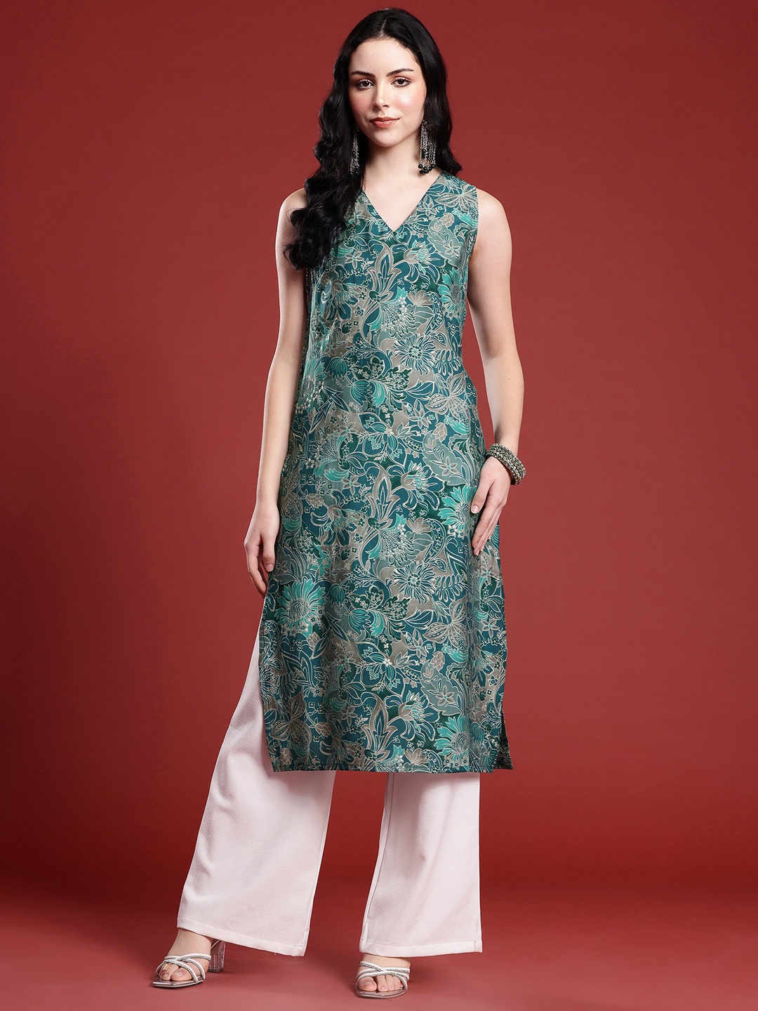 

Anouk Floral Printed Sleeveless Straight Kurta, Teal