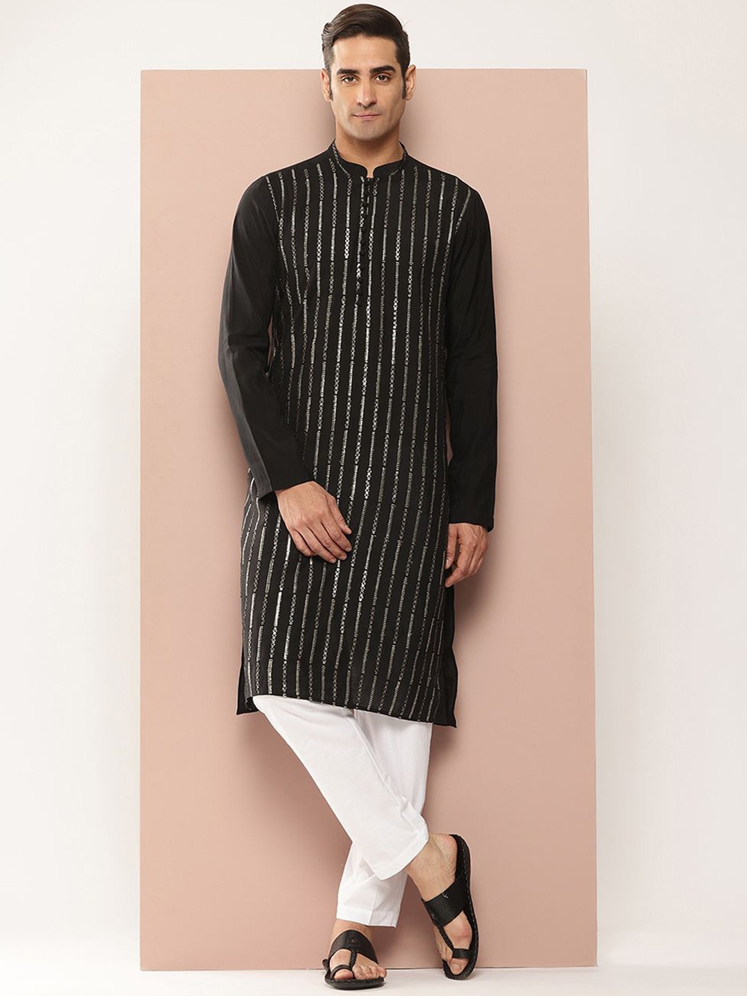 

See Designs Striped Embroidered Sequinned Mandarin Collar Chanderi Silk Straight Kurta, Black