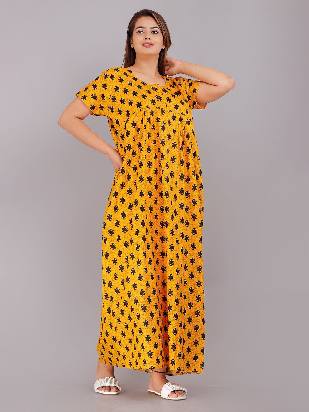 

PR PINK ROYAL Women Printed Maxi Nightdress, Yellow