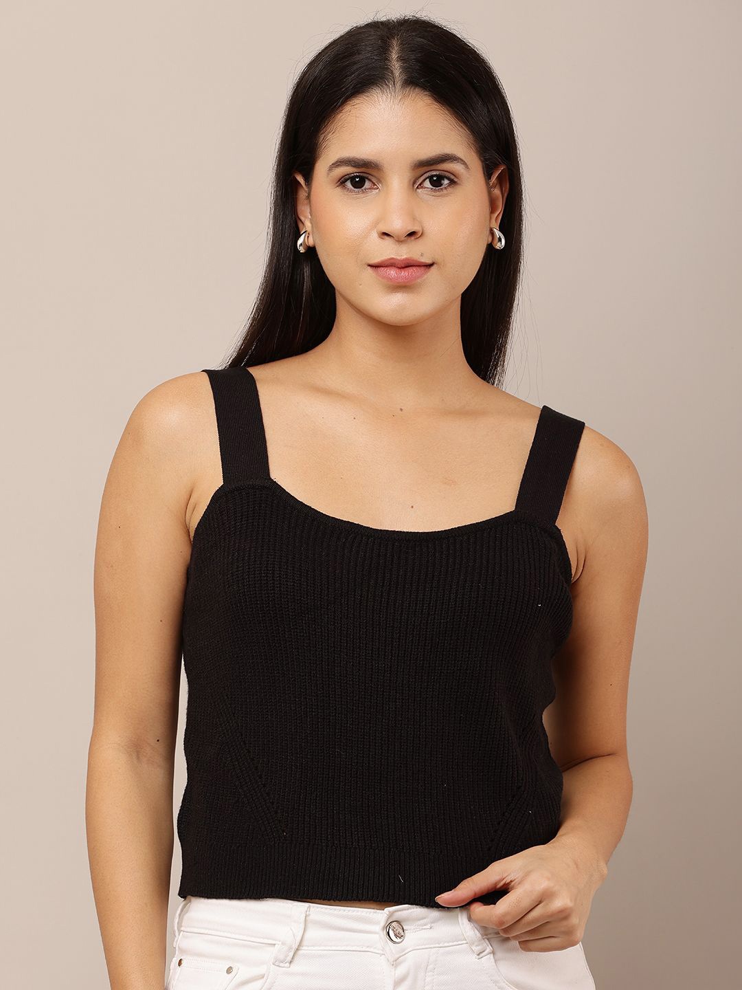 

NoBarr Women Ribbed Shoulder Straps Crop Top, Black