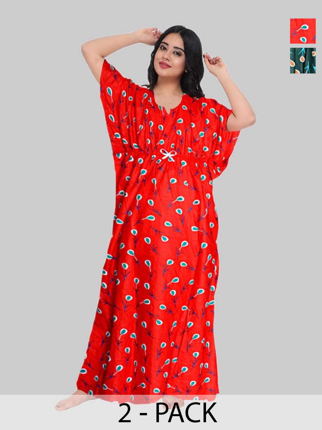 

PR PINK ROYAL Women Pack Of 2 Pure Cotton Printed Maxi Kaftan Nightdress, Red