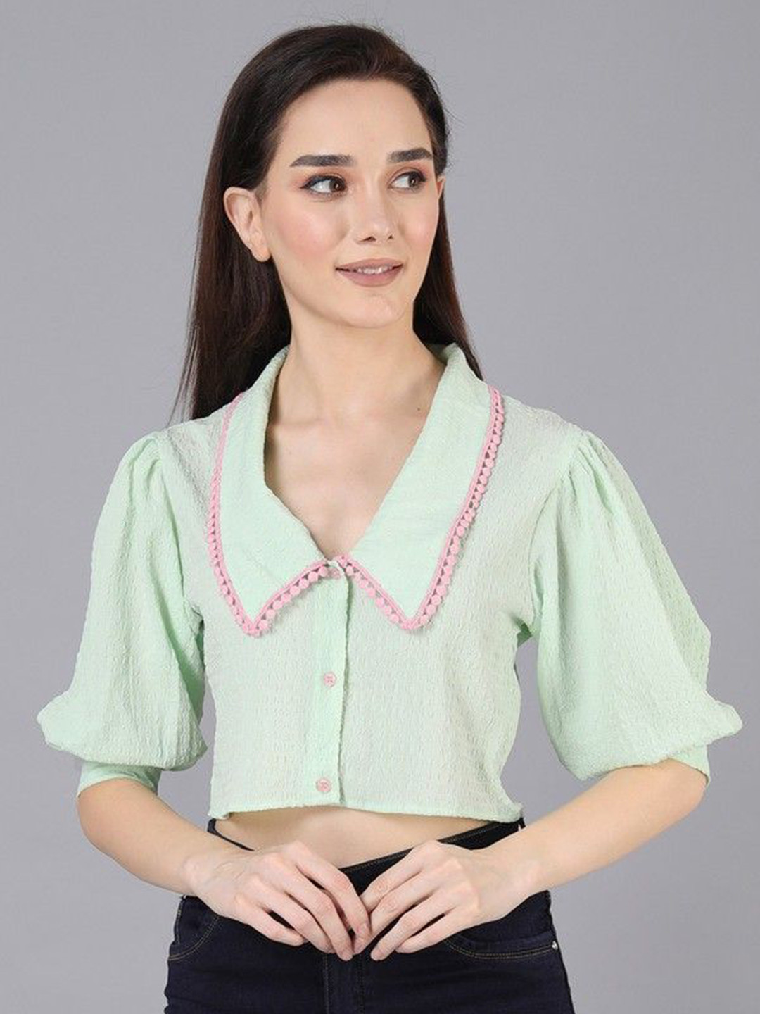 

JAKANARY Women Textured Lapel Collar Top, Green