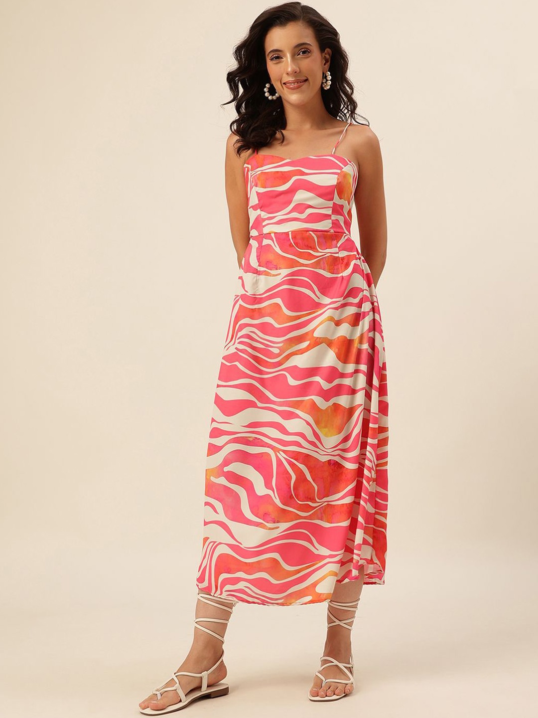 

CUKOO Women Abstract Printed Fit and Flare Midi Dress, Pink