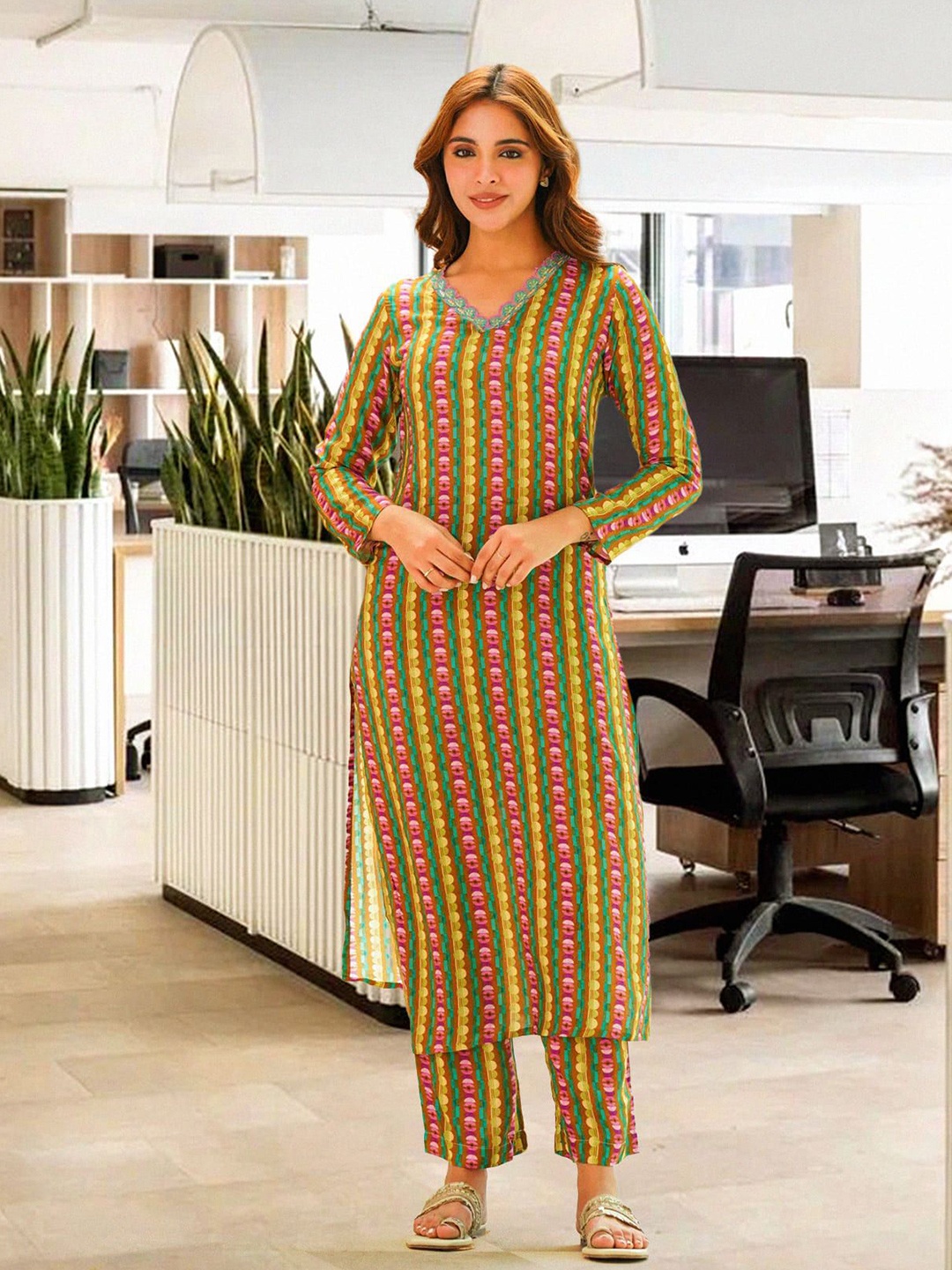 

Ambraee Geometric Printed Straight Kurta with Palazzos, Mustard