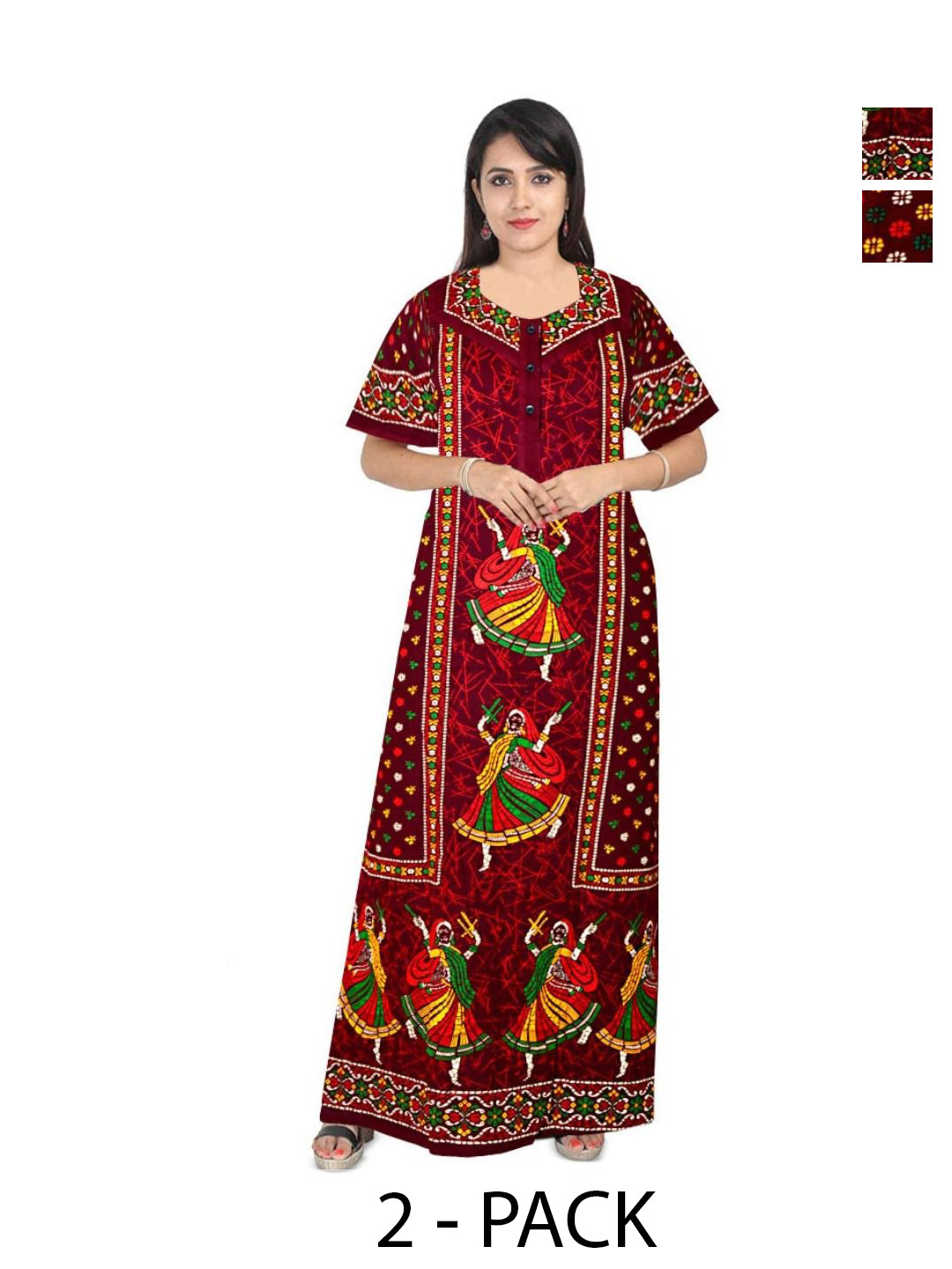 

PR PINK ROYAL Women Pack of 2 Printed Kaftan Nightdress, Maroon