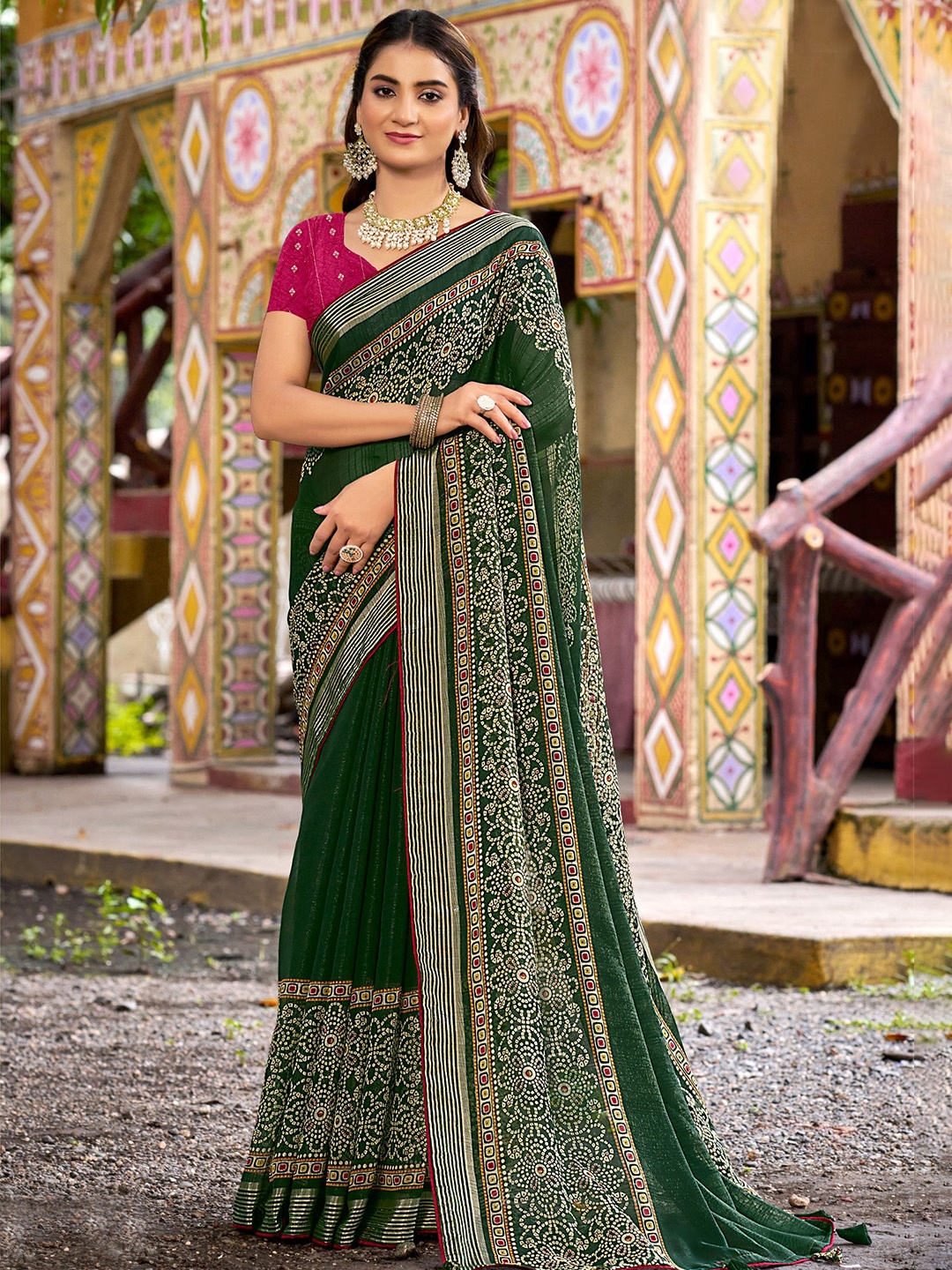 

NIRMAL CREATION Bandhani Printed Pure Georgette Saree, Green