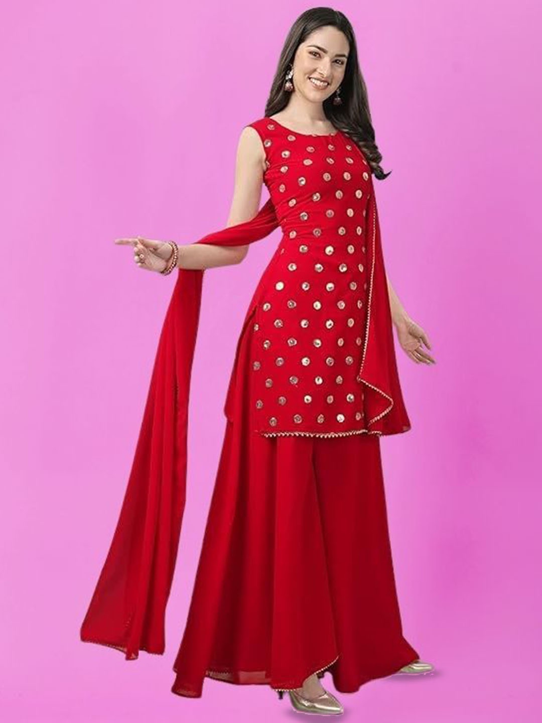 

PARROT CREATION Geometric Embroidered Sequinned Georgette Kurti with Sharara And Dupatta, Red