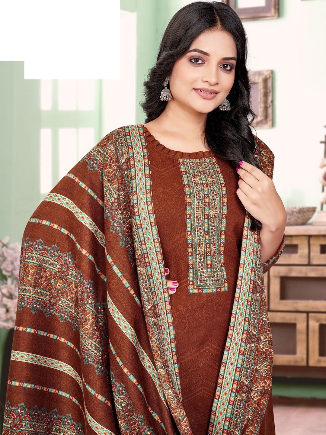 

DRAVINAM Trends Ethnic Motifs Printed Pashmina Unstitched Dress Material, Brown