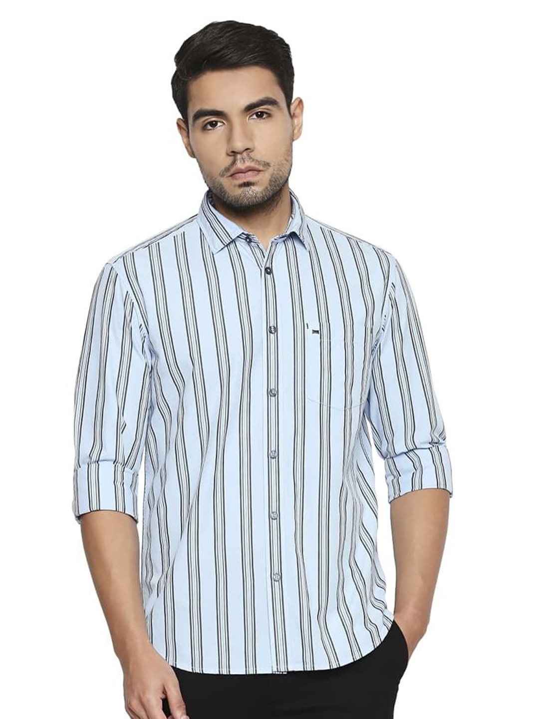 

Basics Men Relaxed Fit Spread Collar Vertical Striped Cotton Casual Shirt, Blue