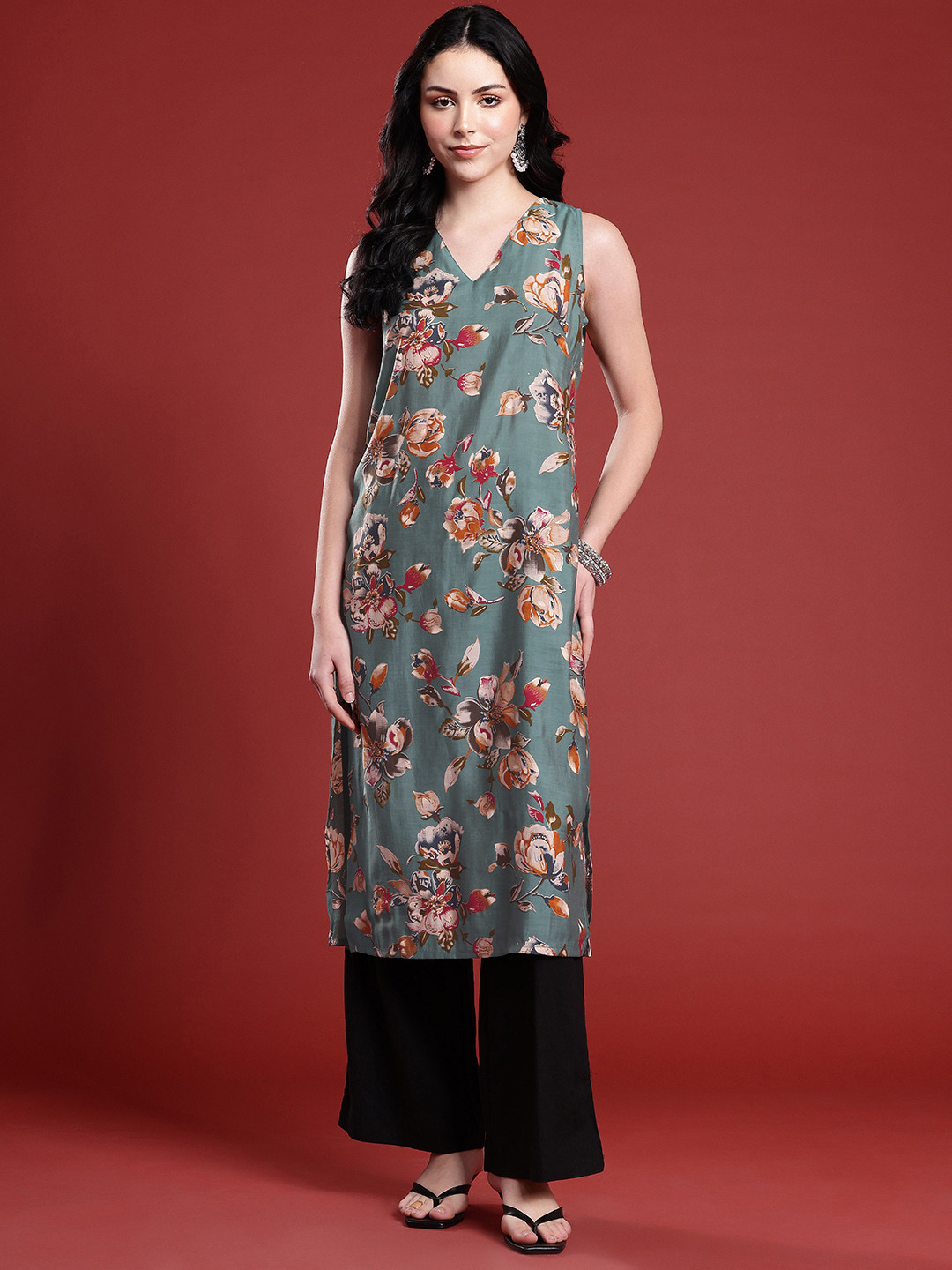 

Anouk Floral Print Straight Kurta, Green