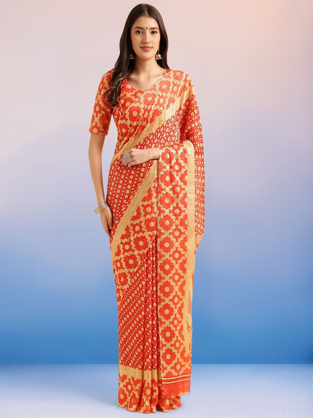

Mitera Woven Design Poly Chiffon Leheriya Ready To wear Saree, Red