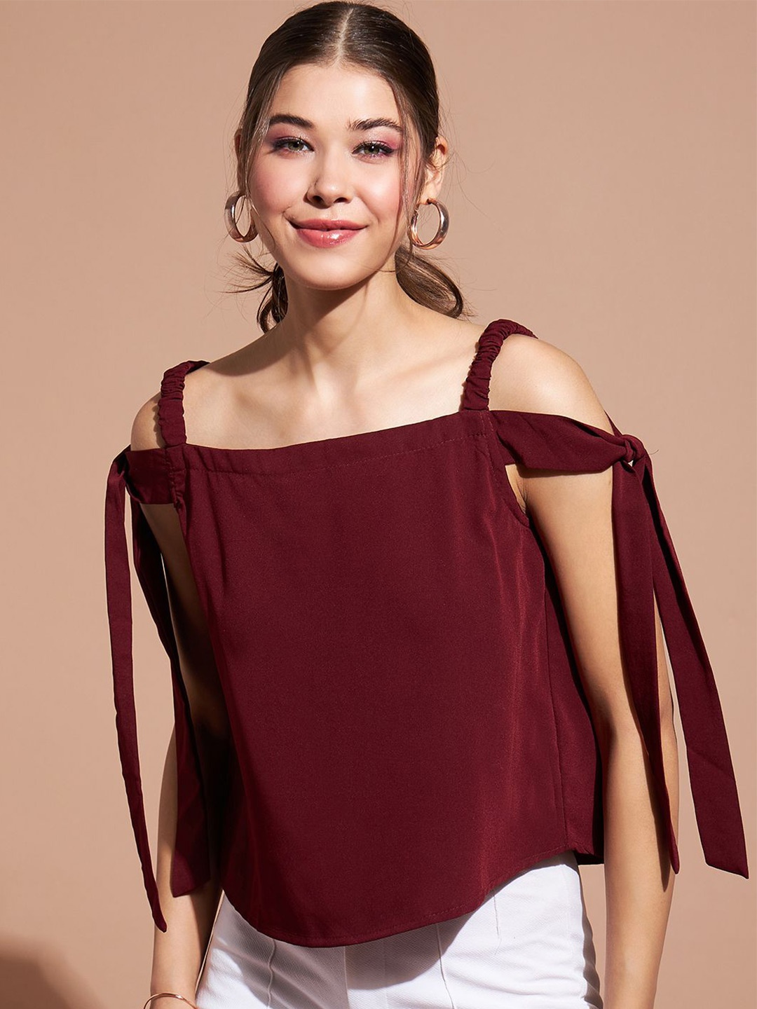 

DressBerry Slit Sleeve Crepe Crop Top, Maroon