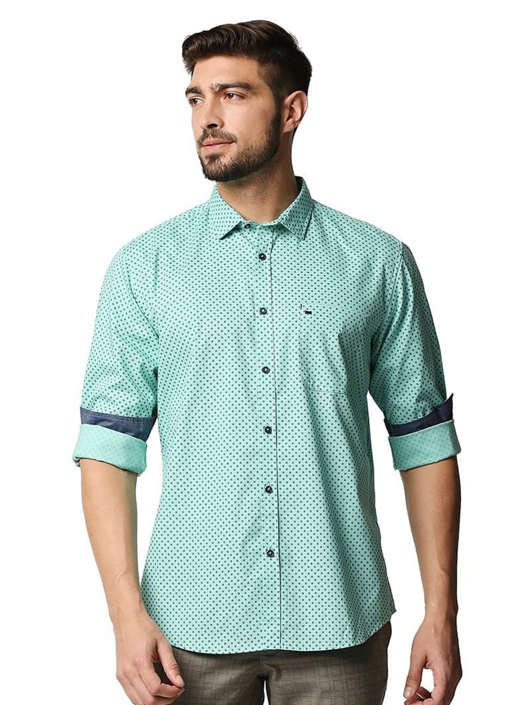 

Basics Men Relaxed Fit Spread Collar Floral Printed Cotton Casual Shirt, Green