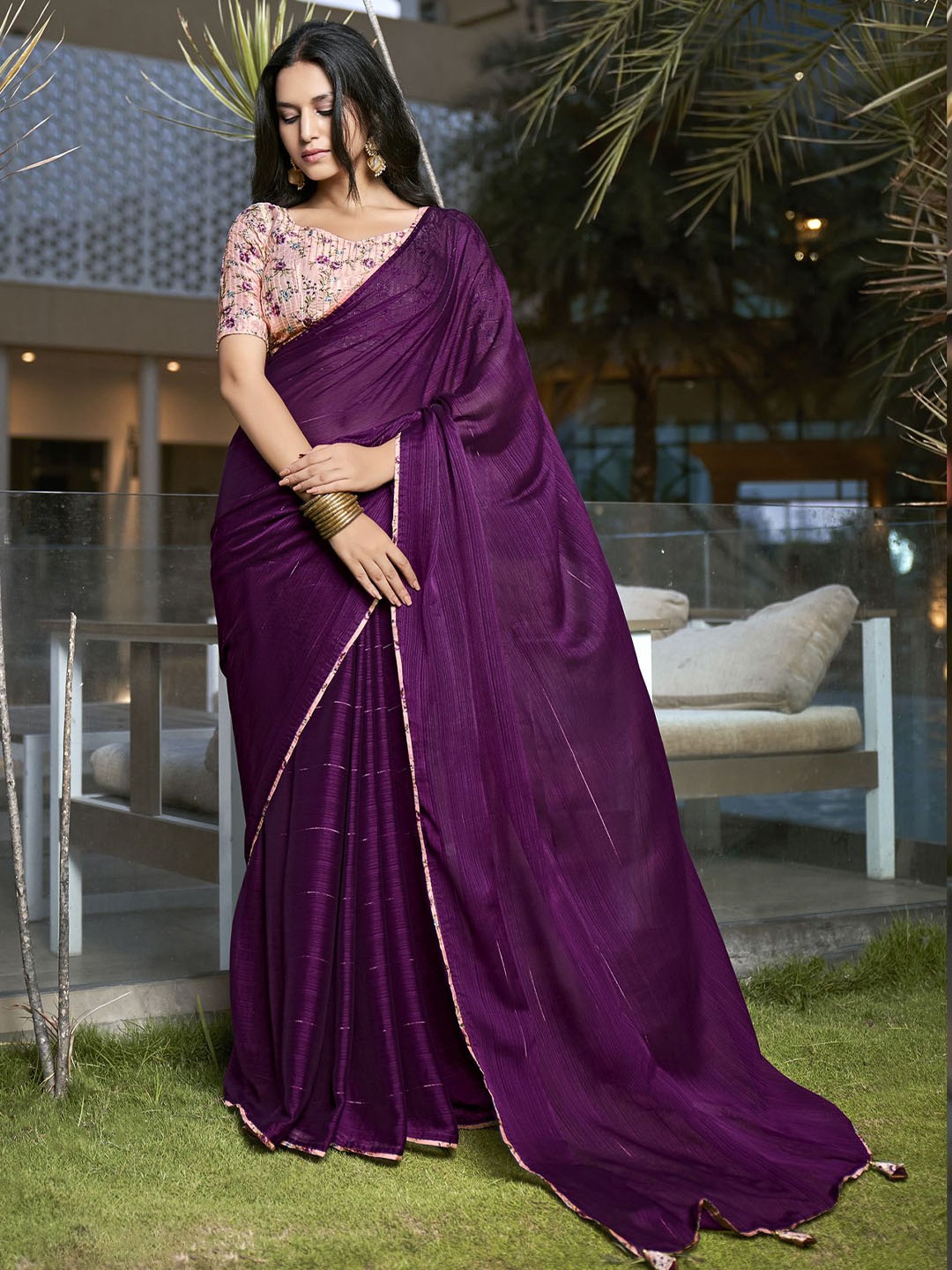 

A.V.M. SILK MILLS Striped Pure Chiffon Saree, Purple