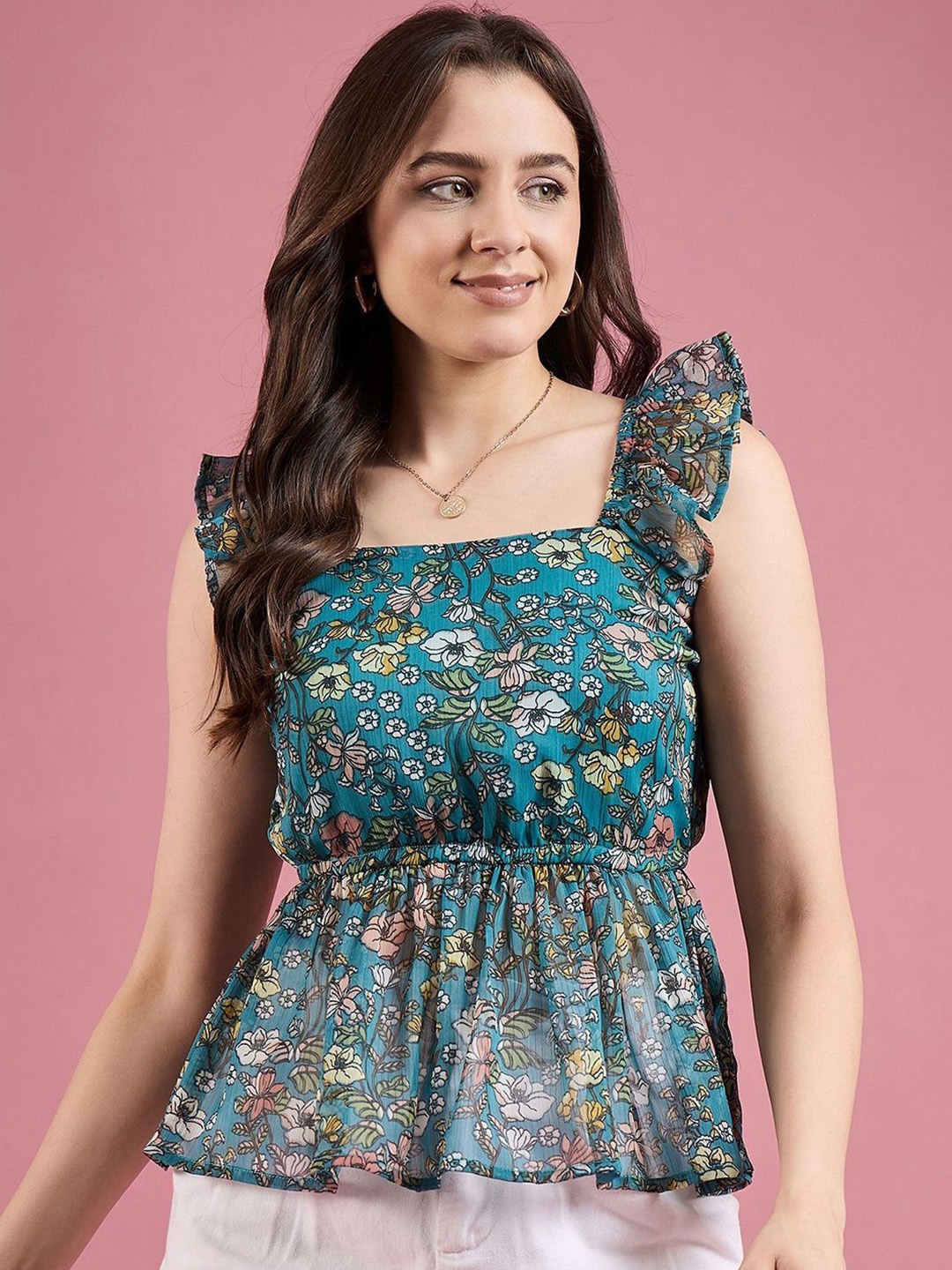 

DressBerry Floral Print Georgette Peplum Top, Turquoise blue