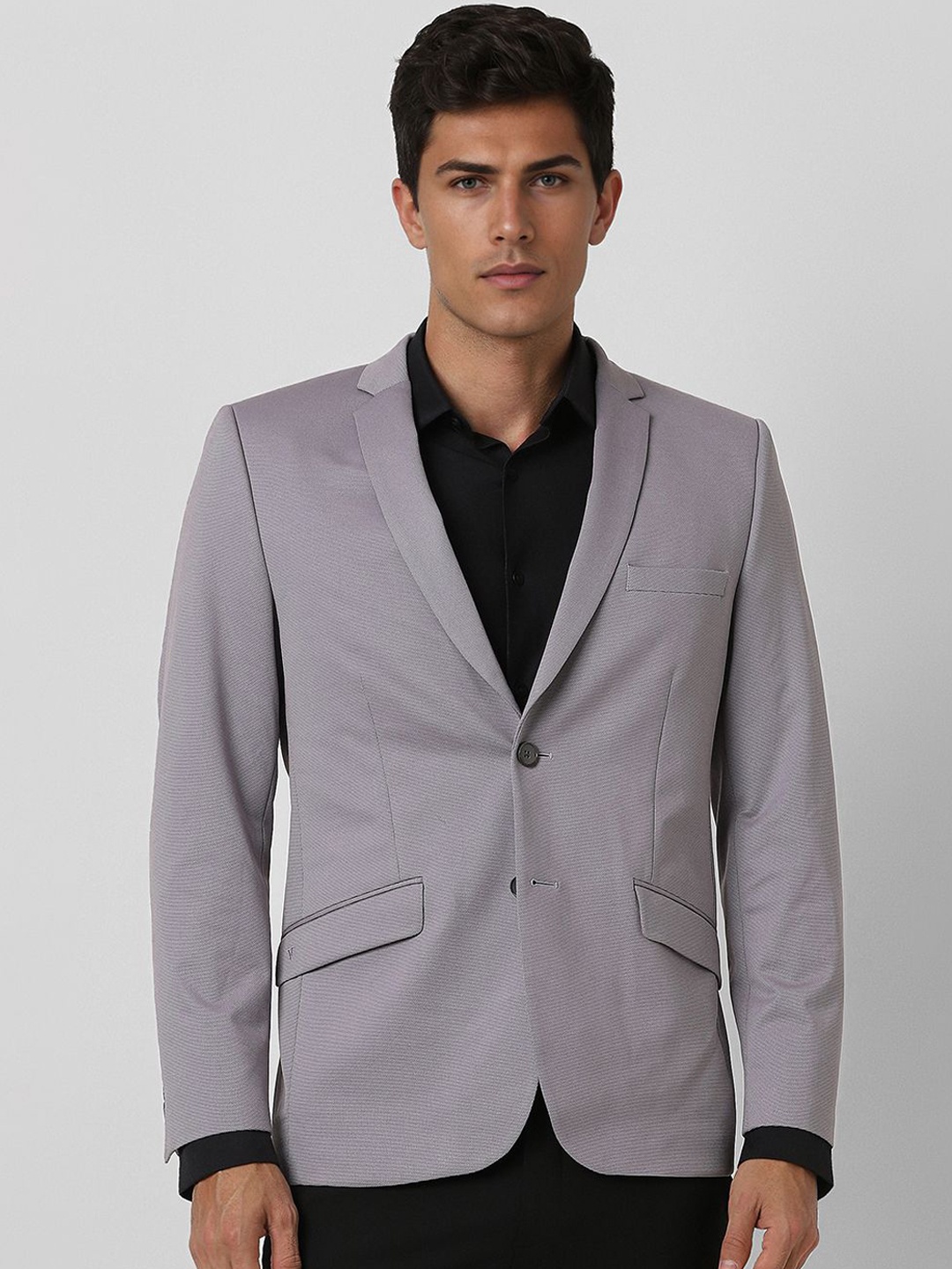 

V Dot Self Design Notched Lapel Single Breasted Blazer, Grey