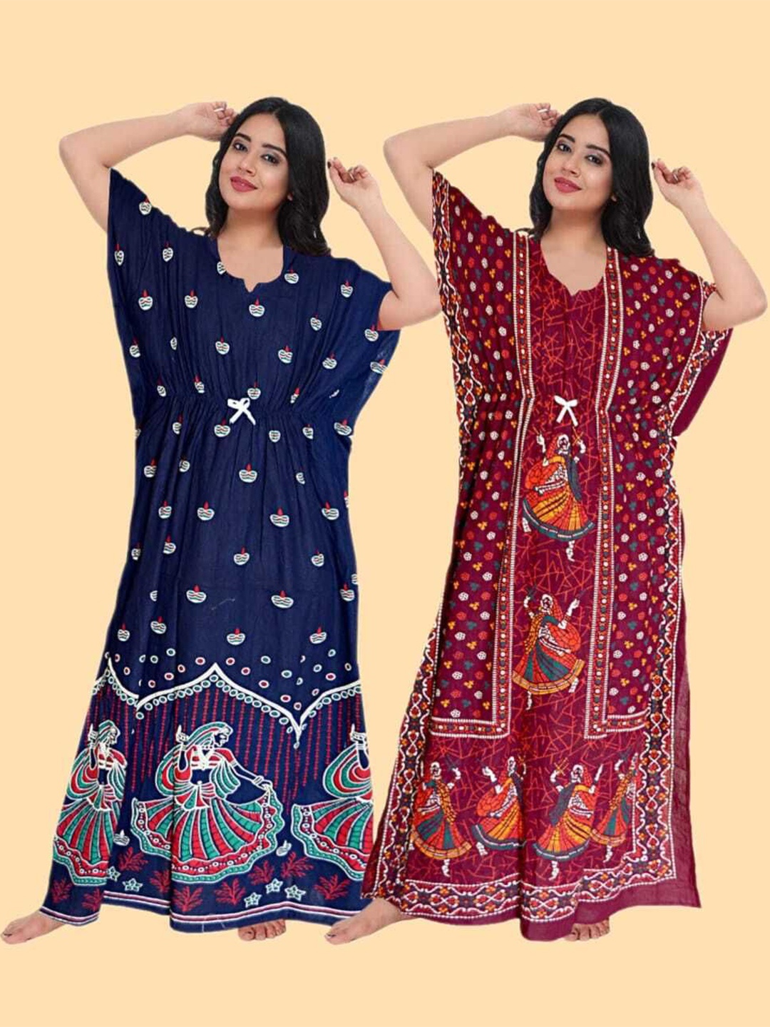 

PR PINK ROYAL Women Pack Of 2 Printed Maxi Kaftan Nightdress, Blue