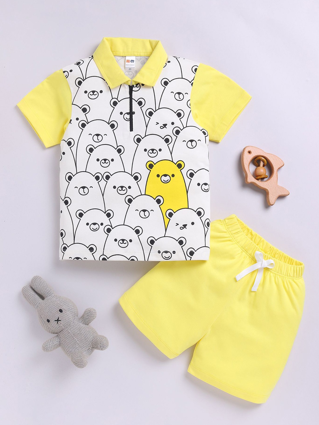 

LITTLE NINJA Boys Printed Polo Collar Pure Cotton T-Shirt With Shorts, Yellow