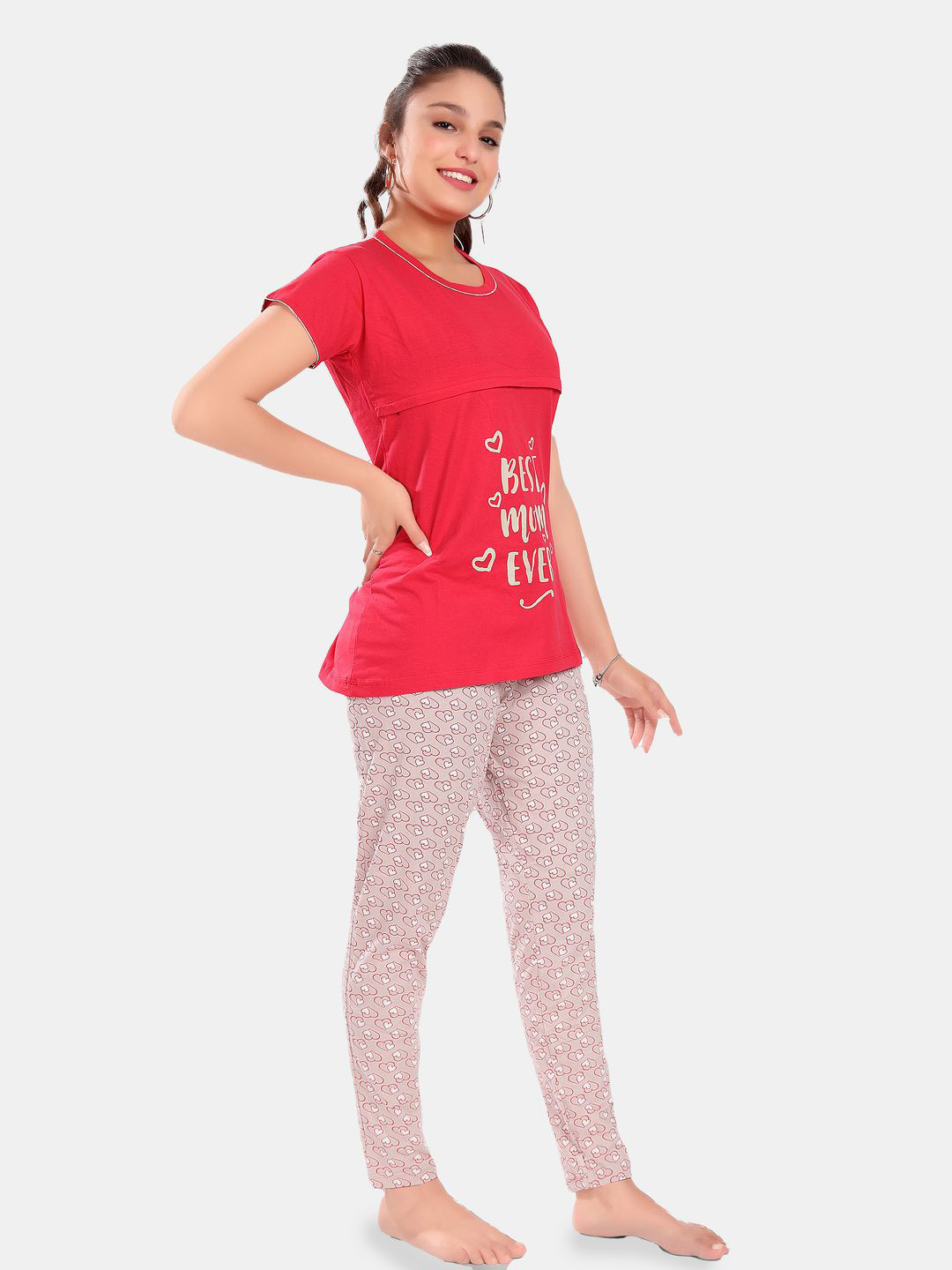 

SWEET MOON Typography Printed Round Neck Maternity T-Shirt With Pyjama, Red