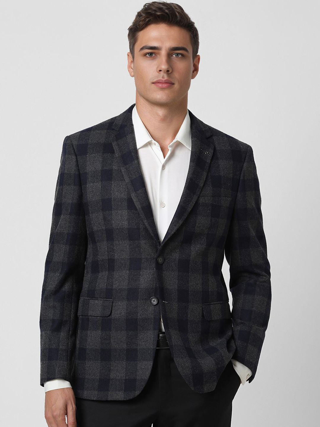 

Van Heusen Checked Notched Lapel Long Sleeves Slim-Fit Single Breasted Formal Blazer, Grey