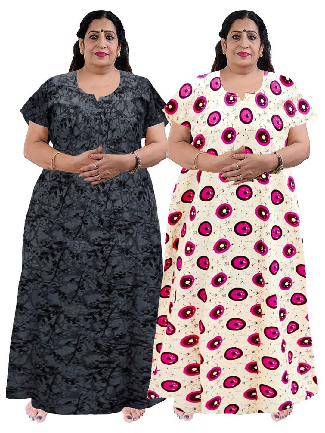 

PR PINK ROYAL Women Plus Size Pack Of 2 Pure Cotton Printed Maxi Nightdress, White