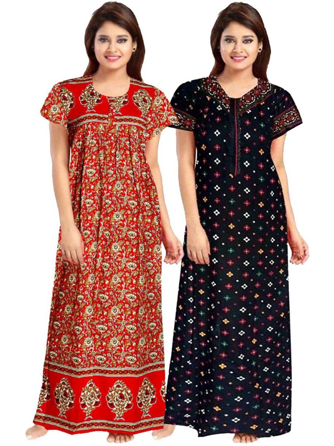 

PR PINK ROYAL Women Pack of 2 Printed Pure Cotton Maxi Nightdress, Blue