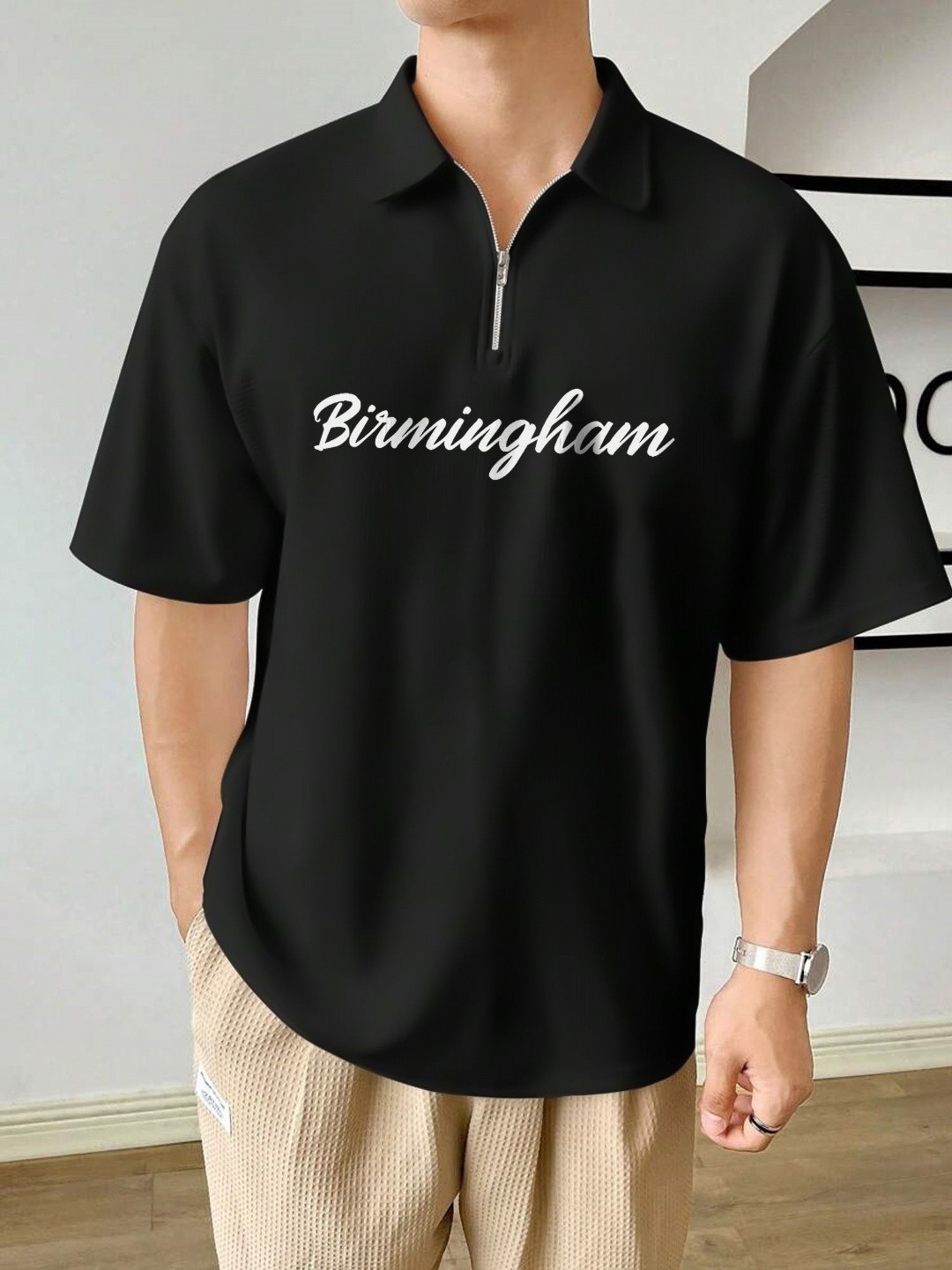 

JUMPCUTS Men Typography Printed Polo Collar Cotton T-shirt, Black