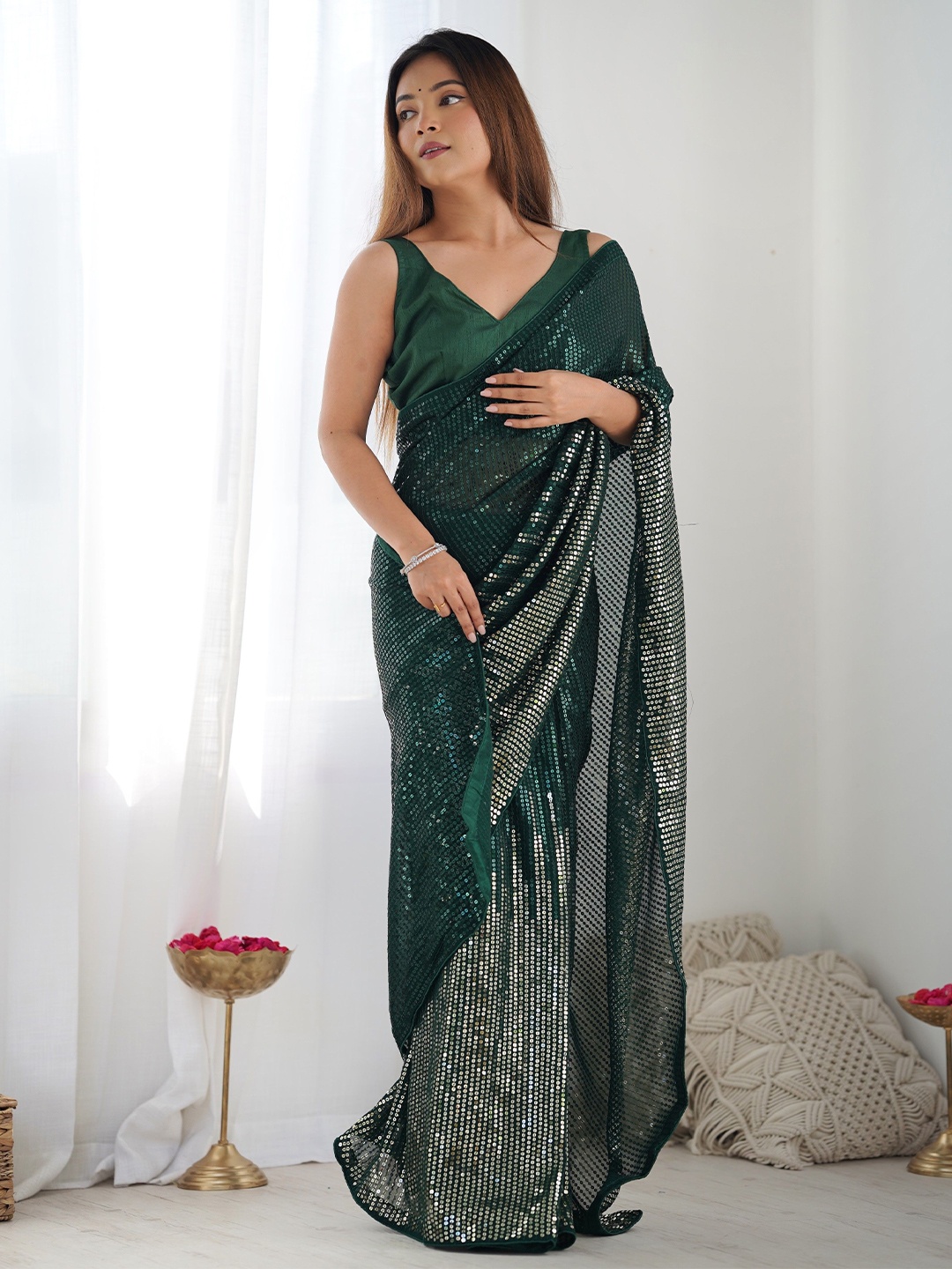 

Moda Rapido Embellished Sequinned Pure Georgette Heavy Work Saree, Green