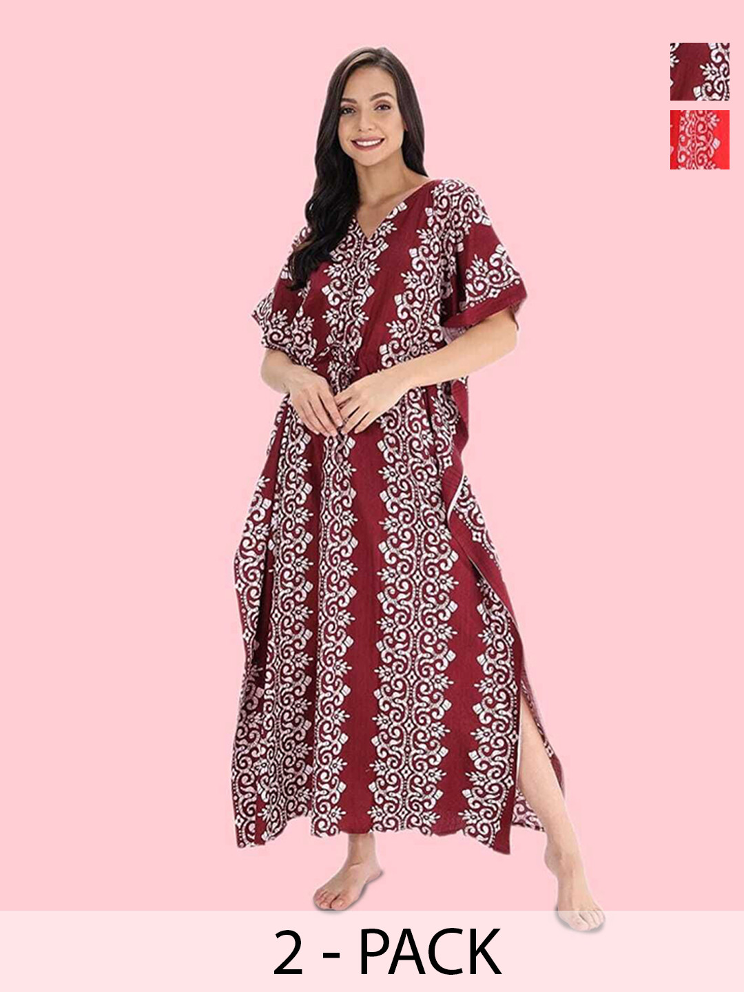 

PR PINK ROYAL Women Pack of 2 Printed Pure Cotton Maxi Kaftan Nightdress